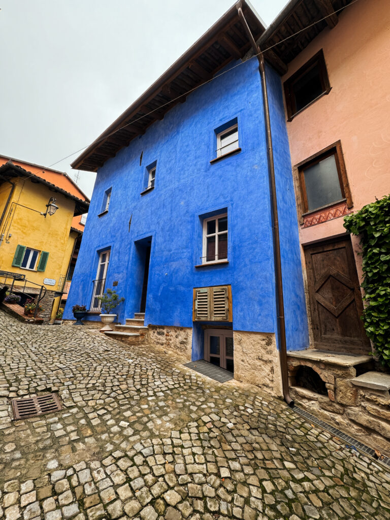 Monforte d'Alba in Piedmont wine regions blue building